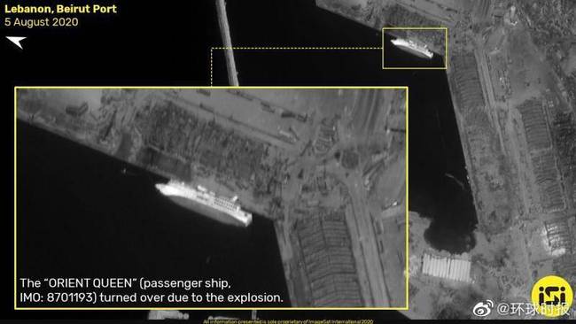 黎巴嫩港口爆炸前后卫星图对比：炸出直径约140m的坑