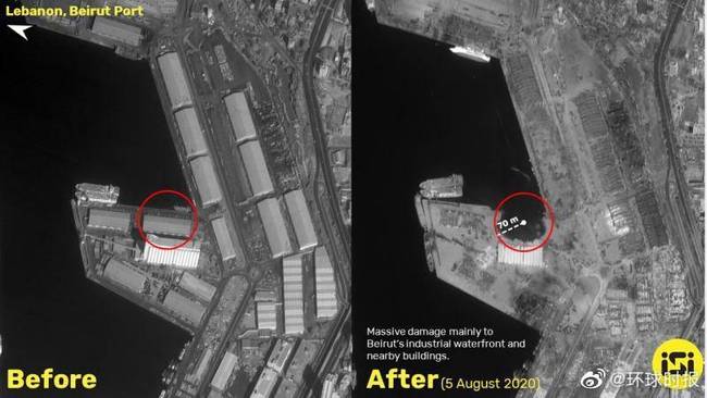 黎巴嫩港口爆炸前后卫星图对比：炸出直径约140m的坑