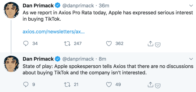 苹果否认“有兴趣”收购TikTok：公司没有讨论过
