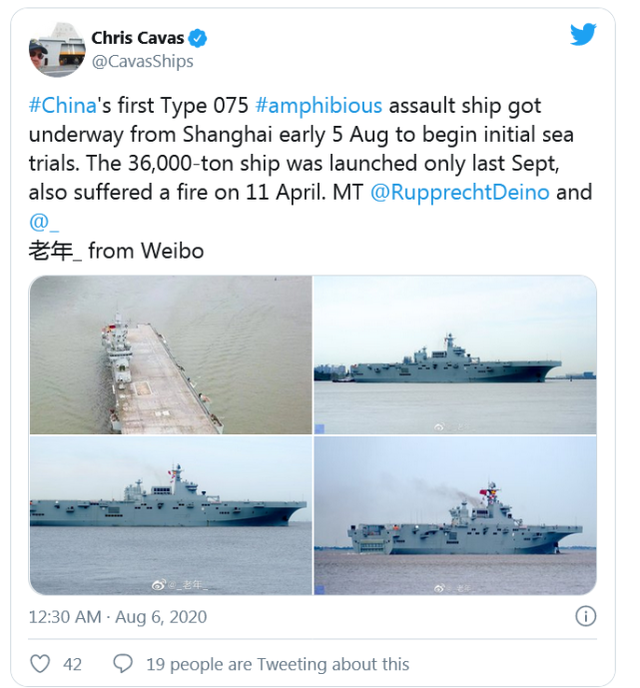 外媒关注中国两栖攻击舰首次海试：进度快得惊人