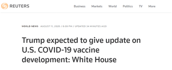  路透社报道：白宫方面表示，预计特朗普将听取美国新冠疫苗最新进展汇报