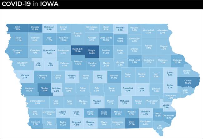 艾奥瓦州各地区14天阳性率  图源：艾奥瓦州政府网站