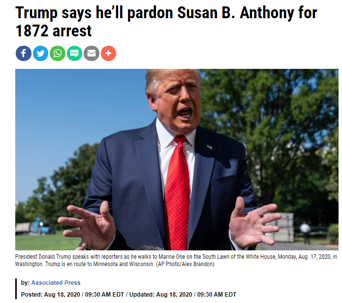 特朗普宣布将赦免“美国女权运动领袖”苏珊·安东尼，后者已于百年前去世！
