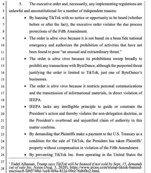 TikTok起诉书细节:39页129条直指行政令四项违宪三项越权 