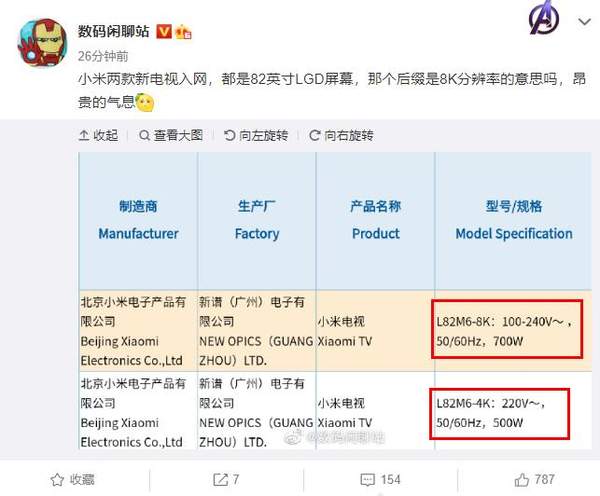 小米新款电视机曝光:LGD屏幕+8K分辨率
