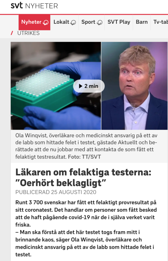  △瑞典电视台报道 “关于错误的测试结果，非常遗憾”，“这是一种来自中国的检测试剂盒，它把实际上健康的人的测出了新冠肺炎阳性的结果。”