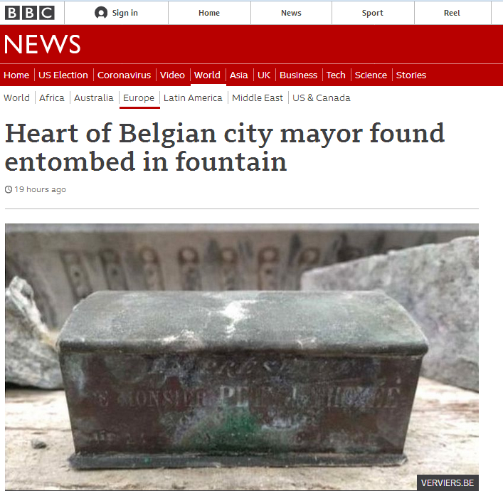传说成真！比利时一城市喷泉翻修，挖出首任市长心脏