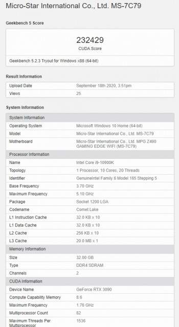 RTX3090显卡3DMARK跑分曝光:超RTX3080显卡19%