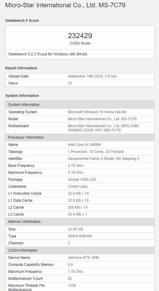 英伟达RTX3090现身Geekbench,CUDA成绩超23万