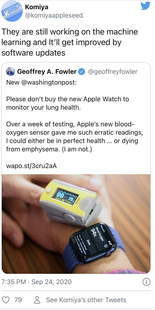 AppleWatch6血氧功能口碑翻车,监测不准没医疗用途