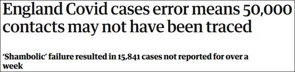 “英格兰病例统计的失误意味着5万接触者可能没被追踪”，《卫报》报道截图