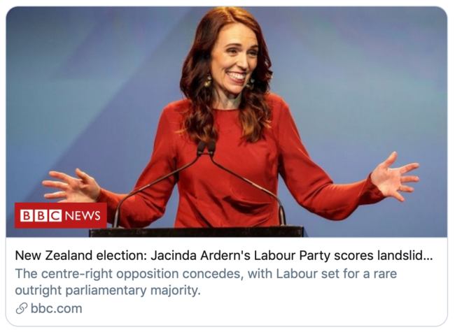新西兰工党获得压倒性胜利。/BBC报道截图