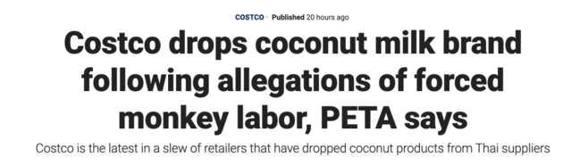 因泰农用猴子摘椰子，美多家大企业封杀泰国椰子制品
