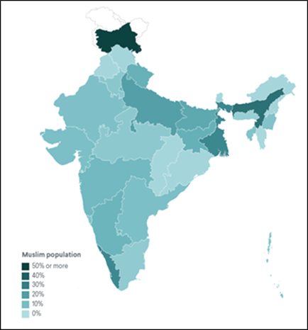  印度人口普查中各地穆斯林占总人口比例图