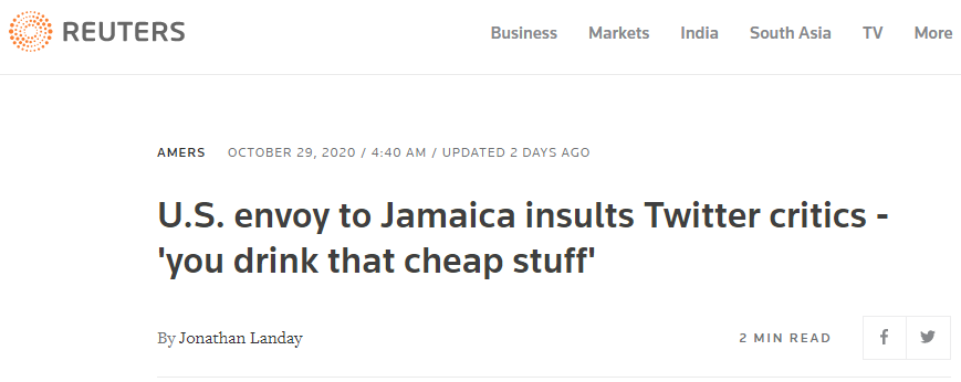  路透社：美国驻牙买加大使侮辱推特批评者“你喝的是便宜货”