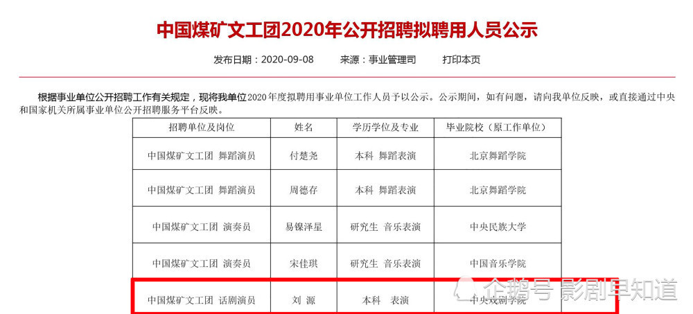 刘昊然考编成功中国煤矿文工团，网友：铁饭碗有了