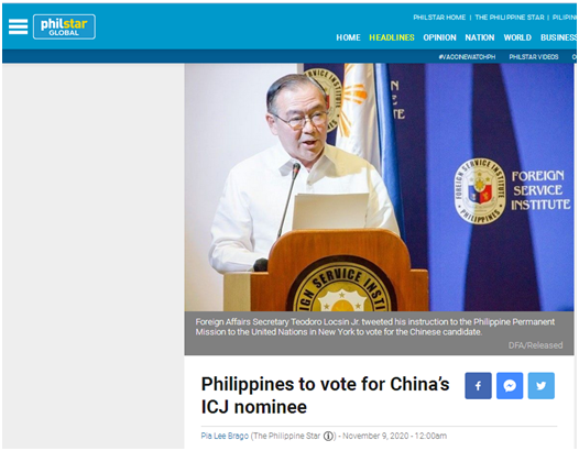 国际法院换届选举在即，菲外长：把菲律宾选票投给中国法官