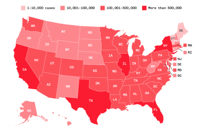 △美国新冠感染确诊病例各州分布情况  （图片来源：美国全国广播公司）