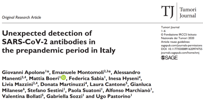 《肿瘤杂志》发表研究结果：意大利去年9月份可能就存在新冠病毒