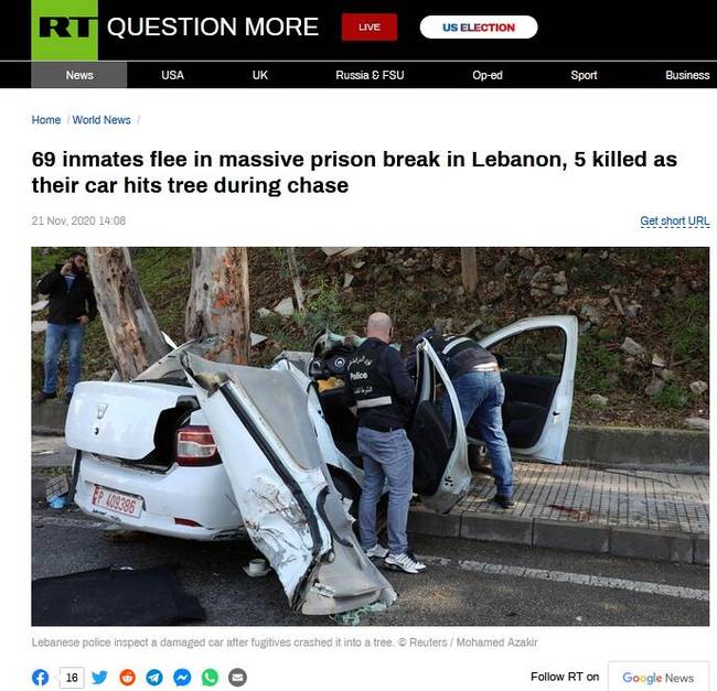 突发！黎巴嫩69名囚犯集体越狱，5人劫车撞树身亡