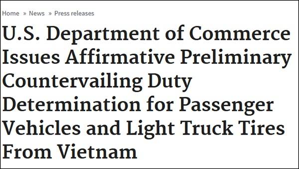 “美国商务部通过对越南汽车及轻型卡车的初步反补贴裁定”，美商务部11月4日公告截图