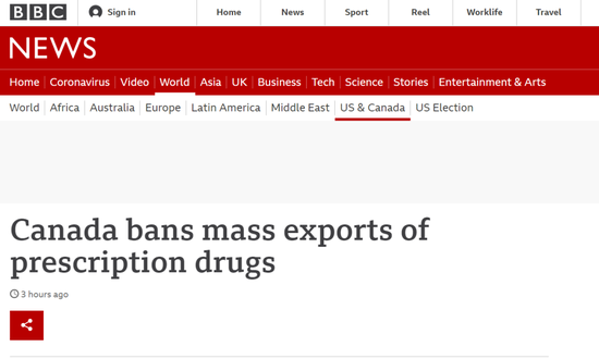 BBC：加拿大禁止大量出口处方药