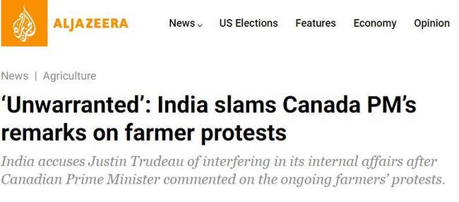 （半岛电视台：“毫无根据”，印度抨击加拿大总理关于农民抗议的言论）