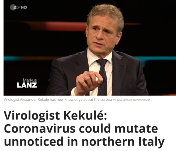 图为德国病毒学专家Alexander Kekule不久前表示，虽然新冠疫情先出现在武汉，但全球疫情大流行的起点却可能在意大利北部
