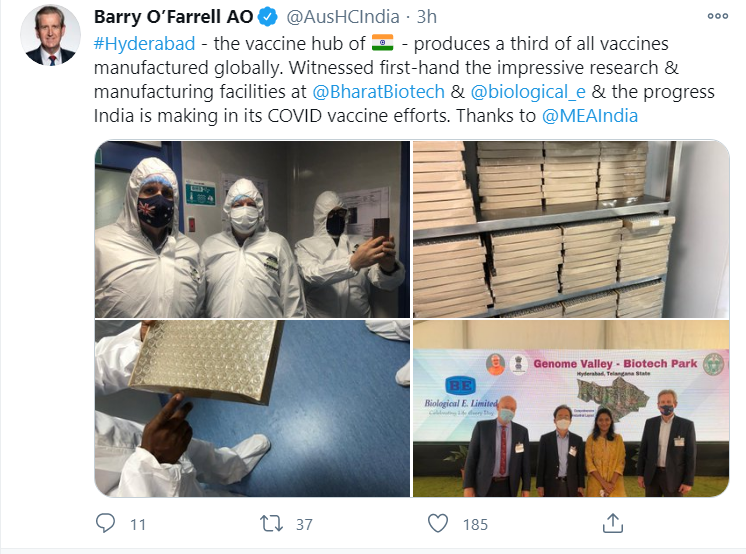 澳大利亚驻印度高级专员：只有印度的疫苗产能可以满足全世界人民的需要！