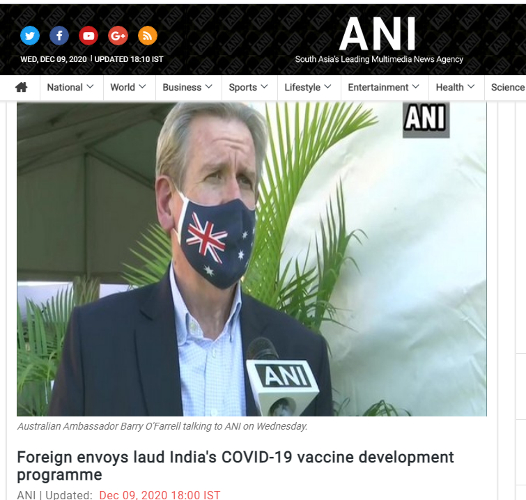 澳大利亚驻印度高级专员：只有印度的疫苗产能可以满足全世界人民的需要！