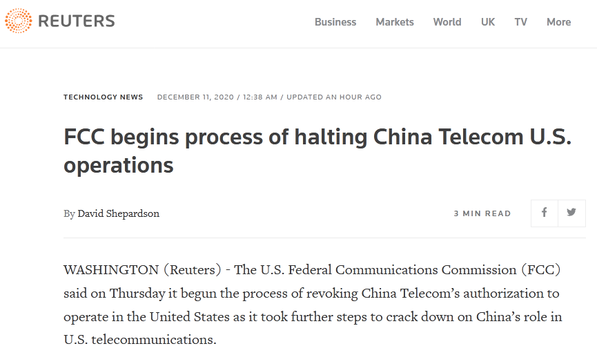 外媒：美国联邦通信委员会启动暂停中国电信在美运营进程