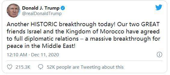 特朗普推特宣布以色列和摩洛哥恢复外交，邀功自己推动中东和平