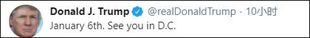 特朗普发推，煽动支持者1月6日参加华盛顿抗议活动