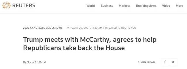 路透社：特朗普与麦卡锡会面，同意帮助共和党夺回众议院控制权