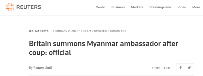 缅甸政局惊变，英国外交部召见缅甸大使