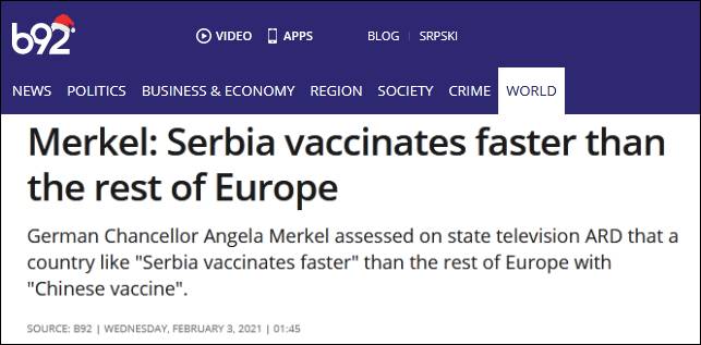 默克尔承认塞尔维亚疫苗接种速度更快：他们用的中国疫苗