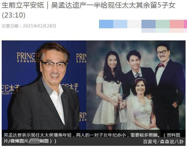 遗产如何分配！港媒：吴孟达遗产现任妻子将独占一半