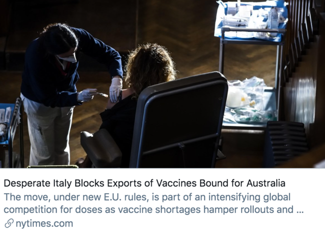 绝望的意大利禁止向澳大利亚出口疫苗。/ 《纽约时报》报道截图