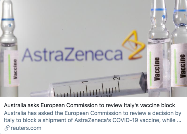 澳大利亚要求欧委会审查意大利的疫苗禁令。/ 路透社报道截图