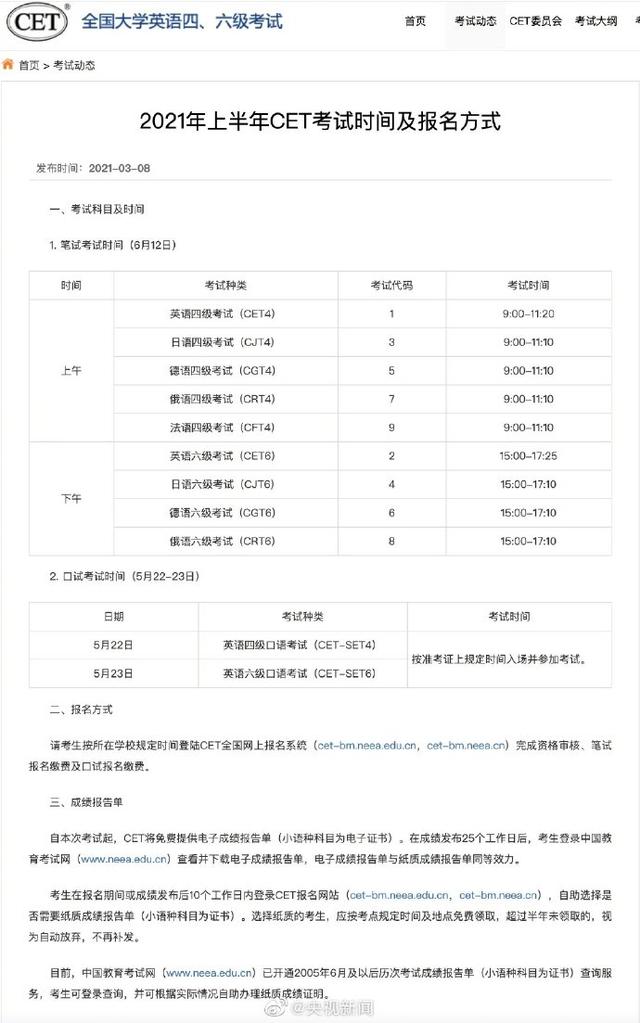 过!过!过!2021上半年四六级考试时间公布