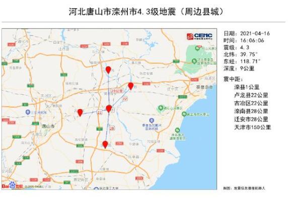 【最新】河北唐山发生4.3级地震，震中距唐山市47公里！