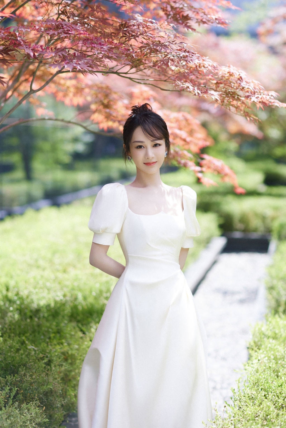 杨紫穿白裙置身红叶中 低头浅笑温婉可人
