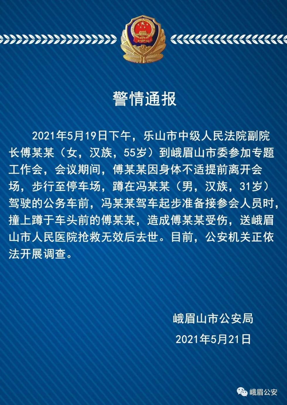 警方通报：乐山中院女副院长因身体不适蹲在公务车前被撞身亡