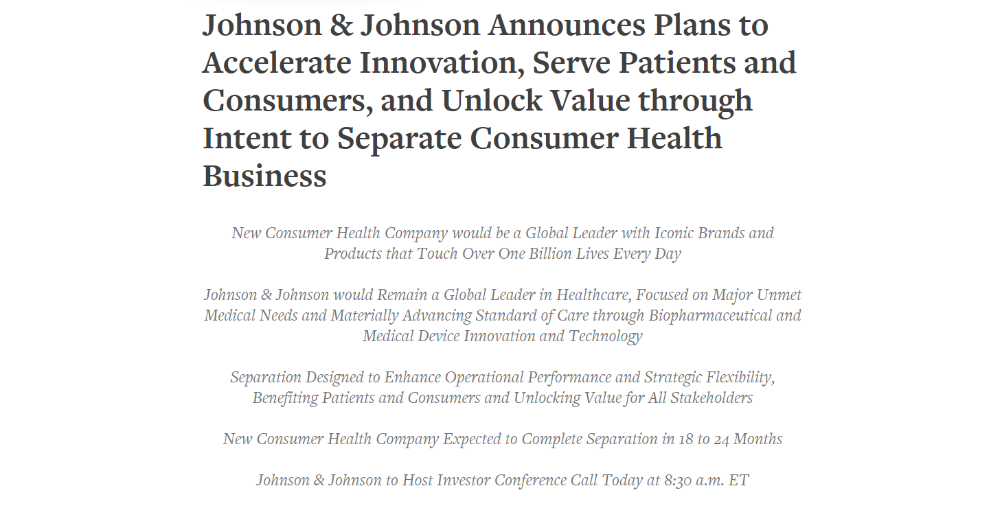 业务差异日渐拉大 强生宣布分拆消费者健康部门独立上市