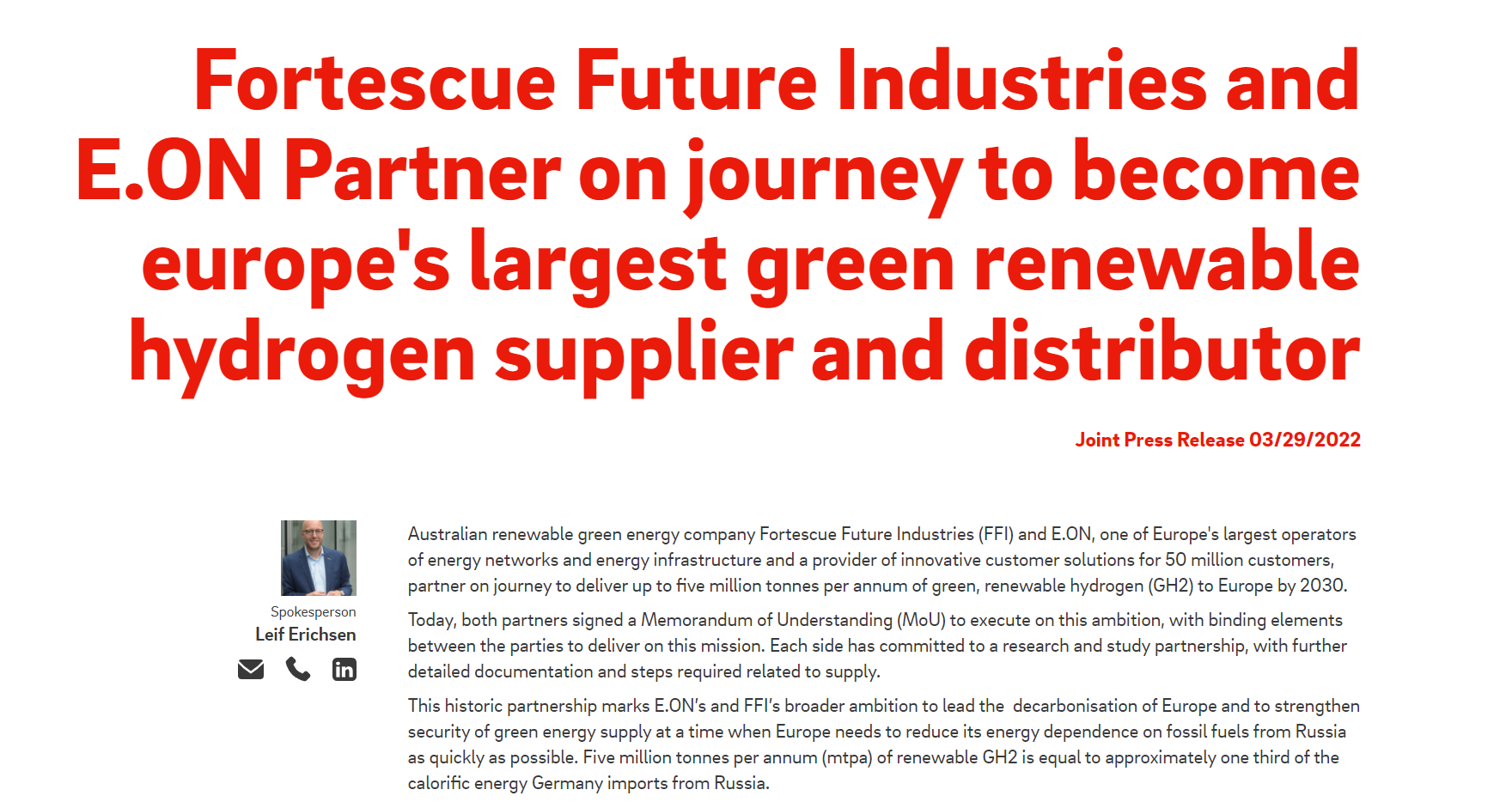 德澳能源巨头签订500亿吨绿氢大单 但首批发货至少得等到2024年