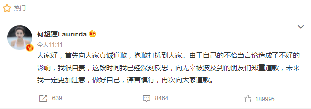 何超莲就不当言论道歉 良辰小说作者疑曾大曝不满