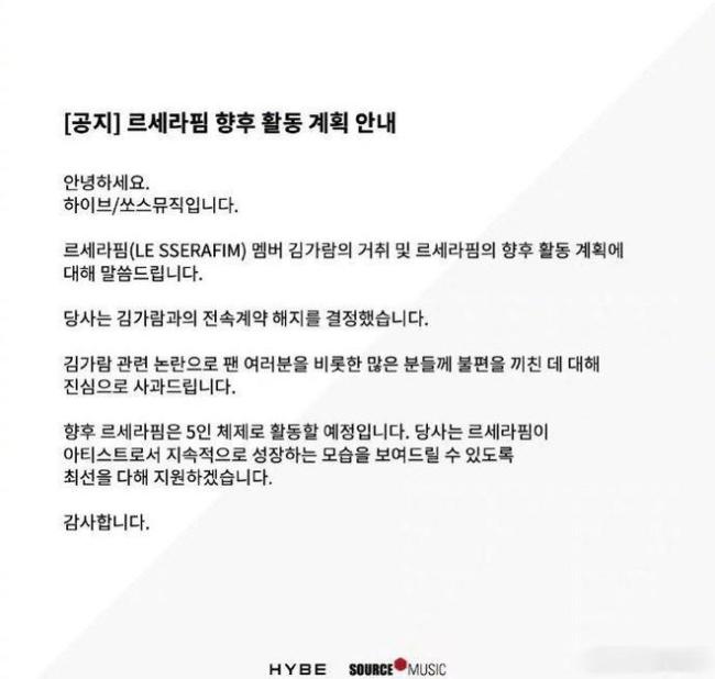 HYBE终止与金佳蓝合约 刚出道就被曝出校园霸凌