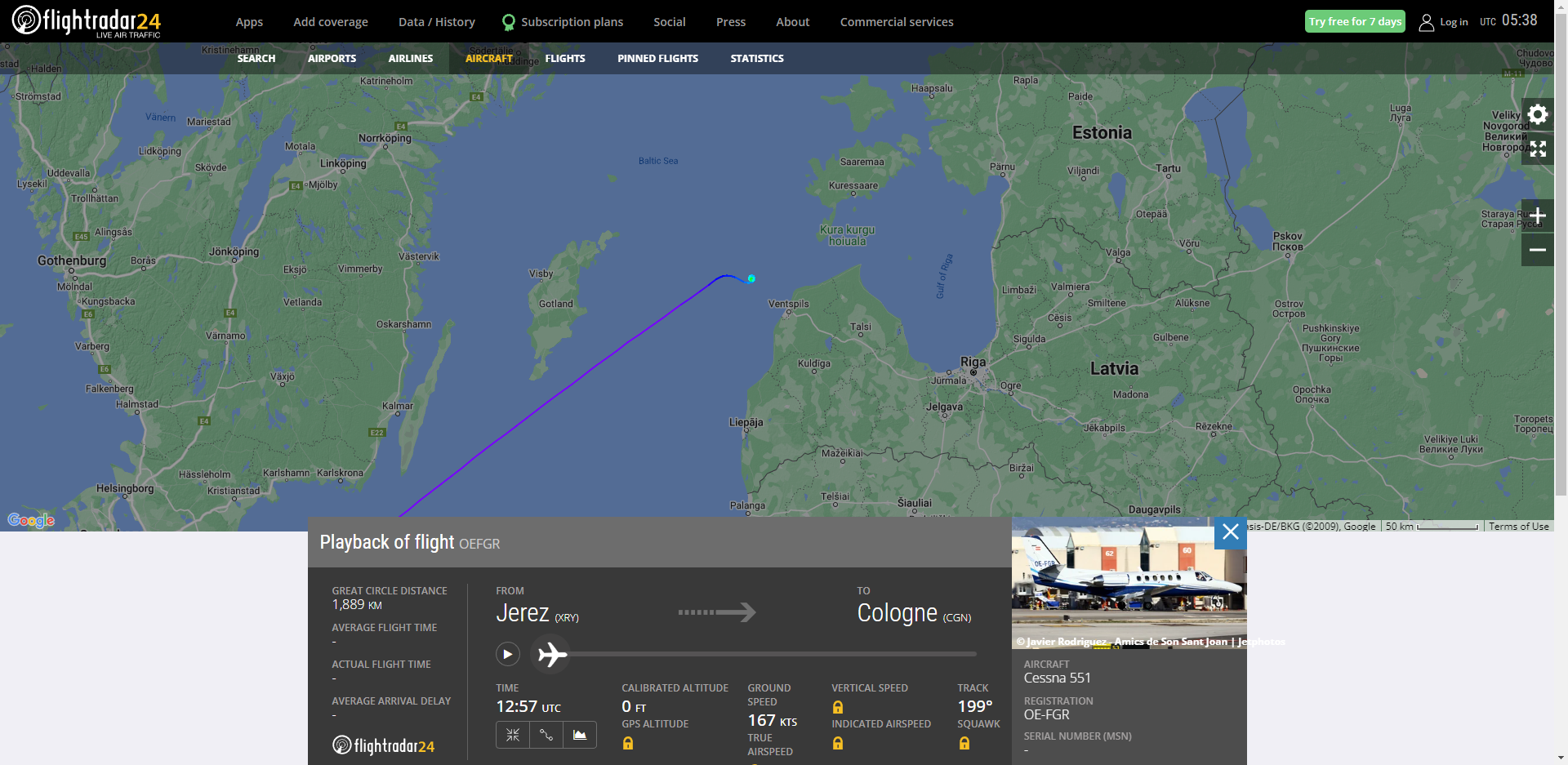 当地时间9月4日，一架塞斯纳551私人飞机在拉脱维亚文茨皮尔斯附近海域坠毁 图源：FlightRadar24