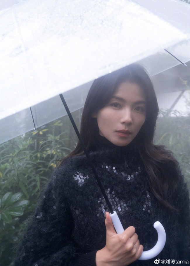 刘涛撑雨伞雨中漫步 微笑端坐尽显熟女气质