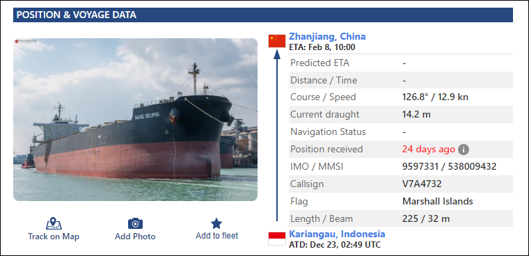 船舶跟踪数据显示，Magic Eclipse号正驶向湛江港，预计抵达时间为2月8日